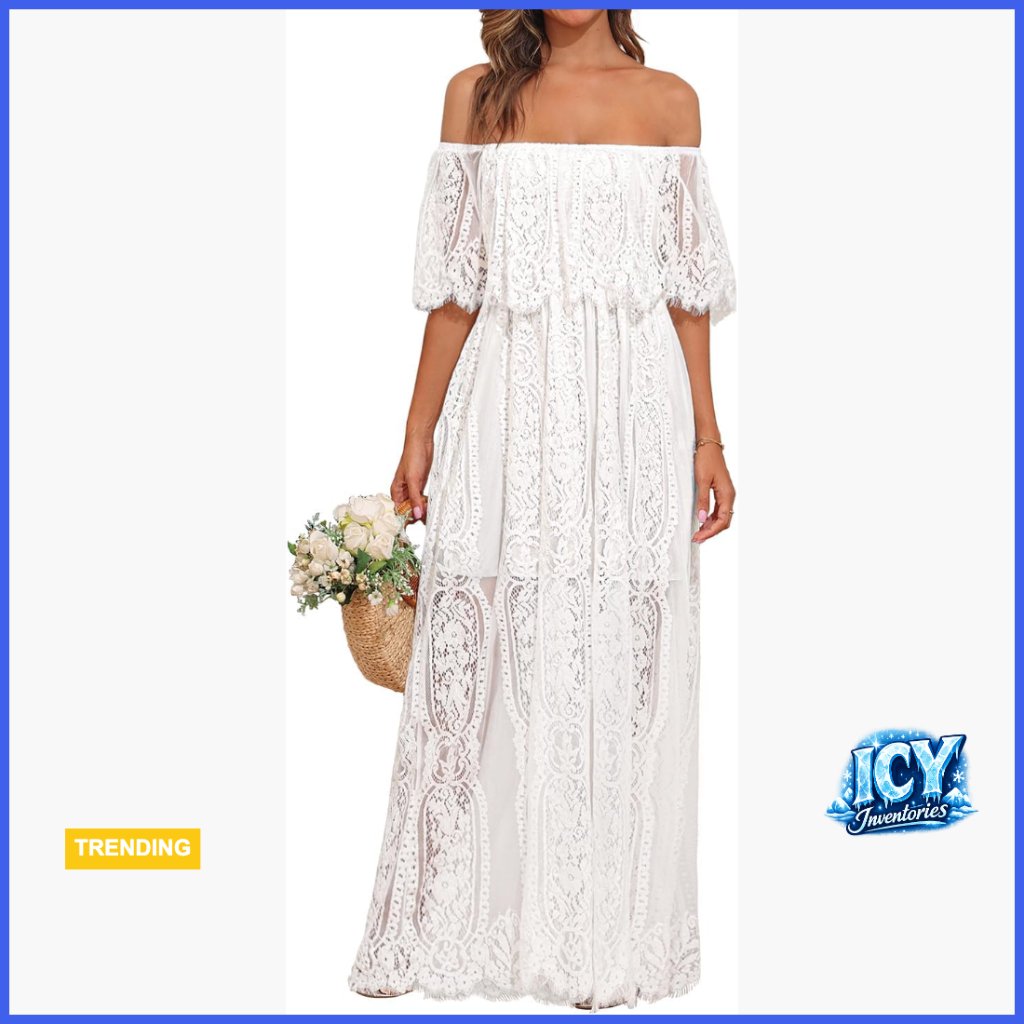 Off Shoulder Lace Maxi Dress Boho Wedding Guest Formal Long